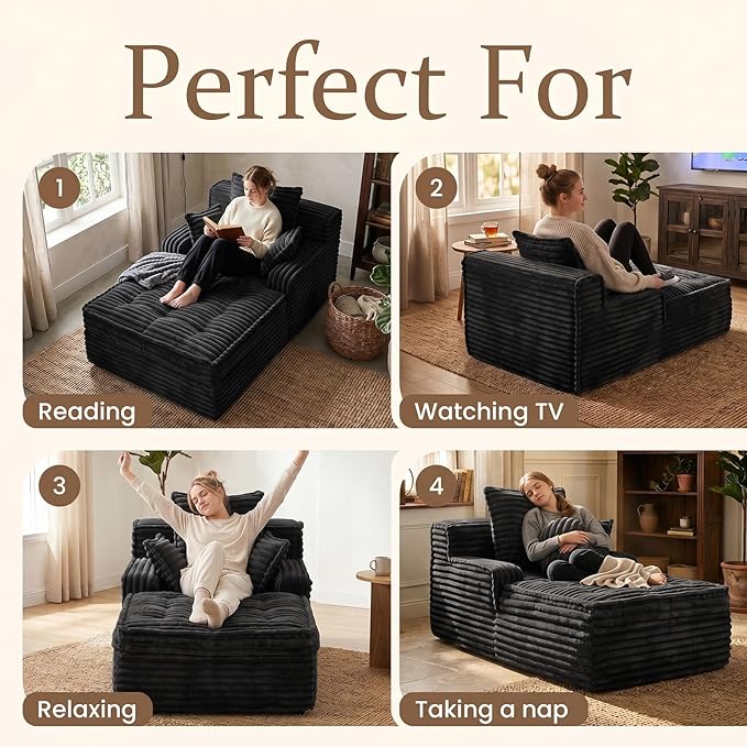 Boneless Chaise Lounge Couch Indoor, Small Corduroy Upholstered Sleeper Sofa