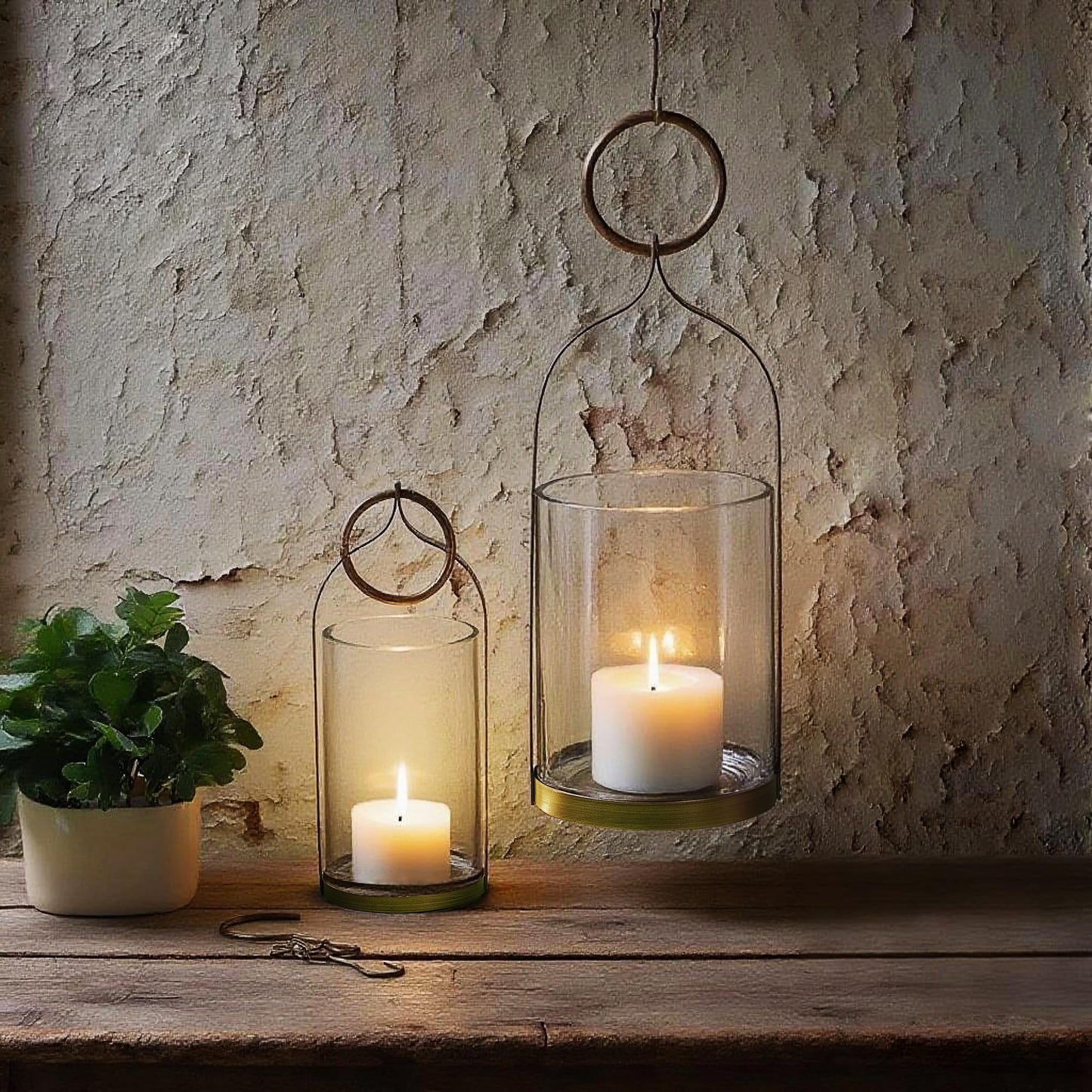 4" & 6" Wide Handmade Sturdy Glass Cylinder Jar with Metal Stand in Antique Brass, Display Glass Container for Candles and Plants, Hurricane Lantern, Candle Holder, Industrial, Farmhouse, Outdoor