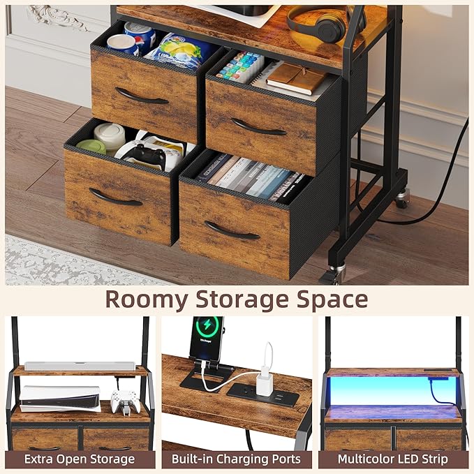 Rolling TV Stand with Mount & 4 Fabric Drawers