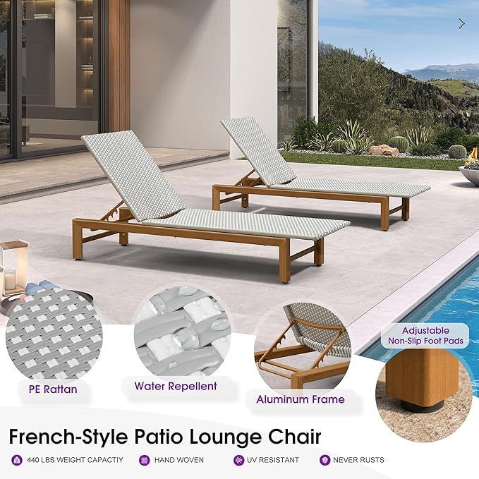 PURPLE LEAF Patio Chaise Lounge French Outdoor Lounger 1 Piece Matte Teak Grain