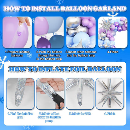 Snow 7th Birthday Decorations Girl, Snowflake Balloon Garland Arch Kit, Laser Explosion Star Balloons, Silver Number 7 Balloon Tower for Baby Shower Girls 7th Snow Theme Party Supplies