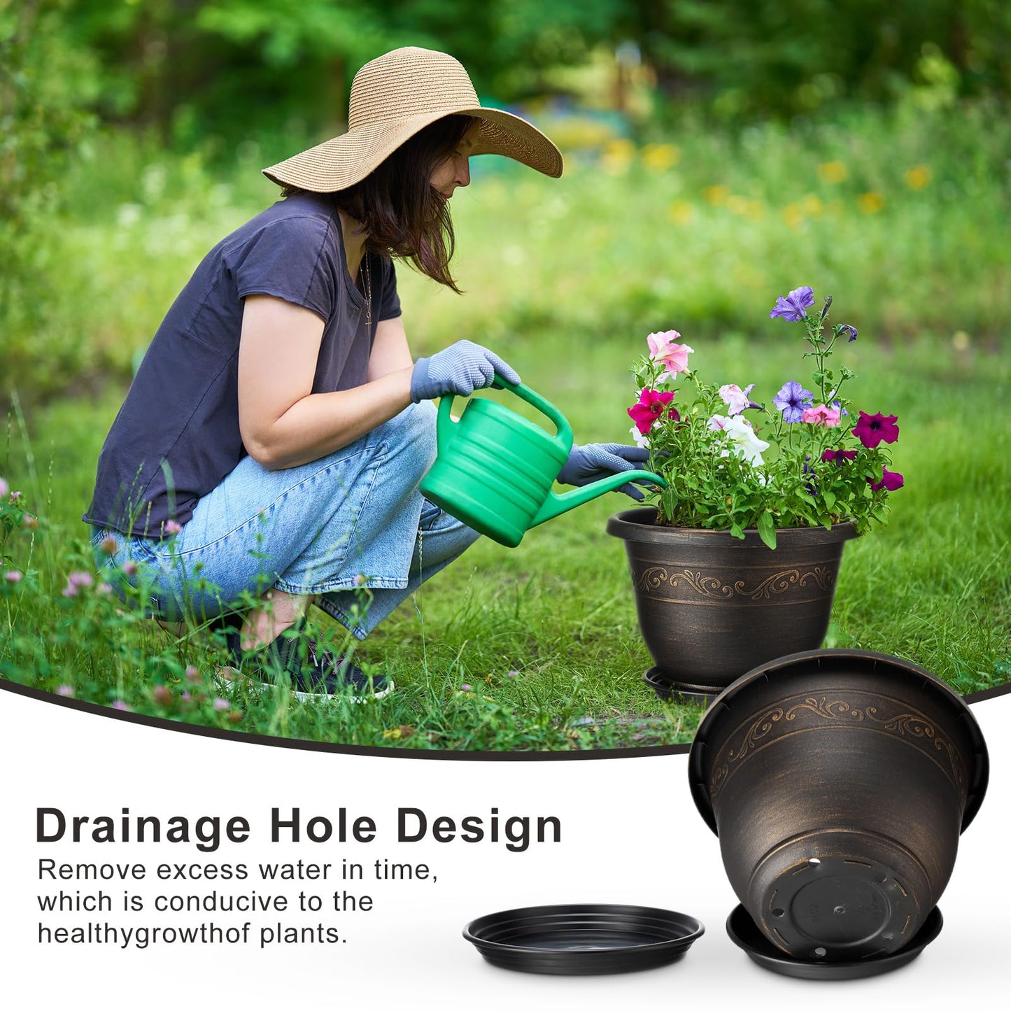 Ziliny 6 Pack 10 Inch Plant Pot Plastic Flower Planters for Indoor Outdoor with Drainage Hole and Trays Lightweight Retro Antique Imitation Decorative Garden Containers Sets with Saucer