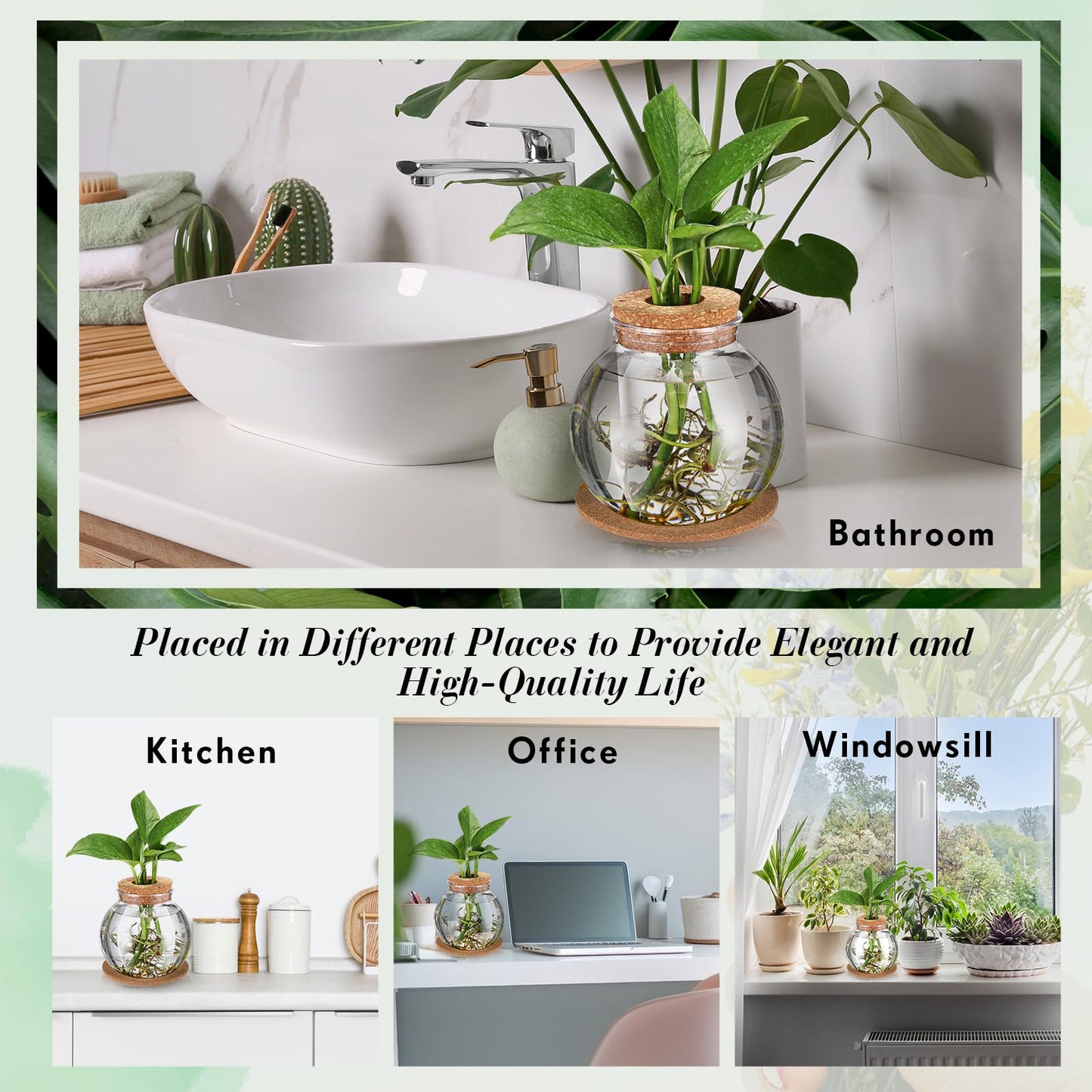 Baderke 6 Packs Propagation Vases for Plants Plastic Plant Propagation Station with Hole Lid and Cork Coasters Plant Growing in Water Hydroponic Home Office Table Decoration(Fish Bowl Style)