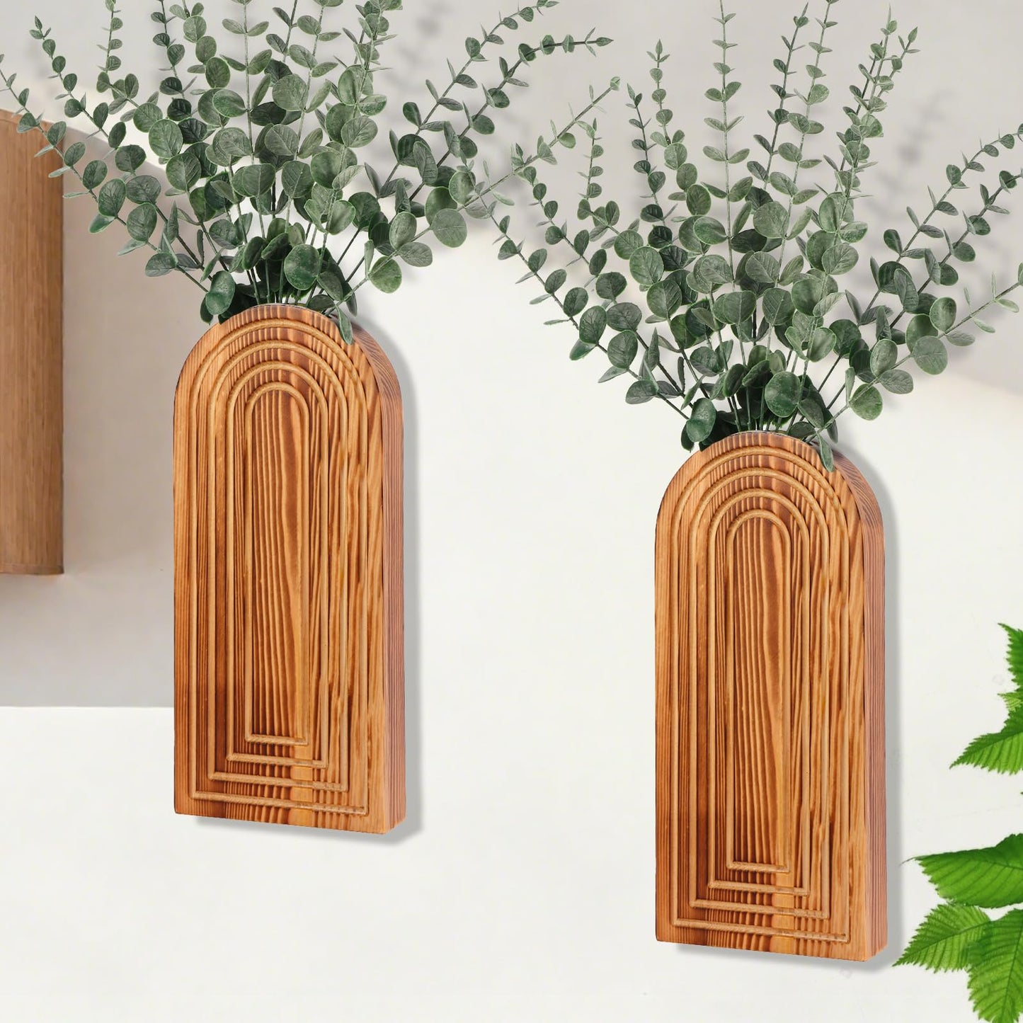 2 Pack Wood Wall Planter Vase Set with Artificial Eucalyptus,Wooden Wall Vase Modern Hanging Planters Boho Wall Mounted Indoor Planter Stand Holder for Living Room,Entryway,Hallway Decor(Light Brown)