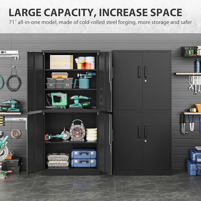 Metal Storage Cabinet with 3 Adjustable Shelves and 4 Doors, Steel Tool Cabinets