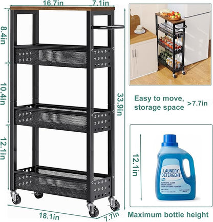 Utility Slim Storage Cart, Skinny Rolling Spice Rack with Table Top, Small Laundry Organizers and Storage Shelves for Between Washer and Dryer, Thin Shelf for Narrow Spaces, 4 Tier Bathroom Cabinet
