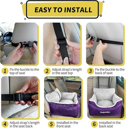 BurgeonNest Dog Car Seat for Small Dogs, Fully Detachable and Washable Cat Carseats Under 25 lbs, Soft Pet Booster Seats with Storage Pockets Clip-On Leash Portable Travel Carrier Bed, Purple