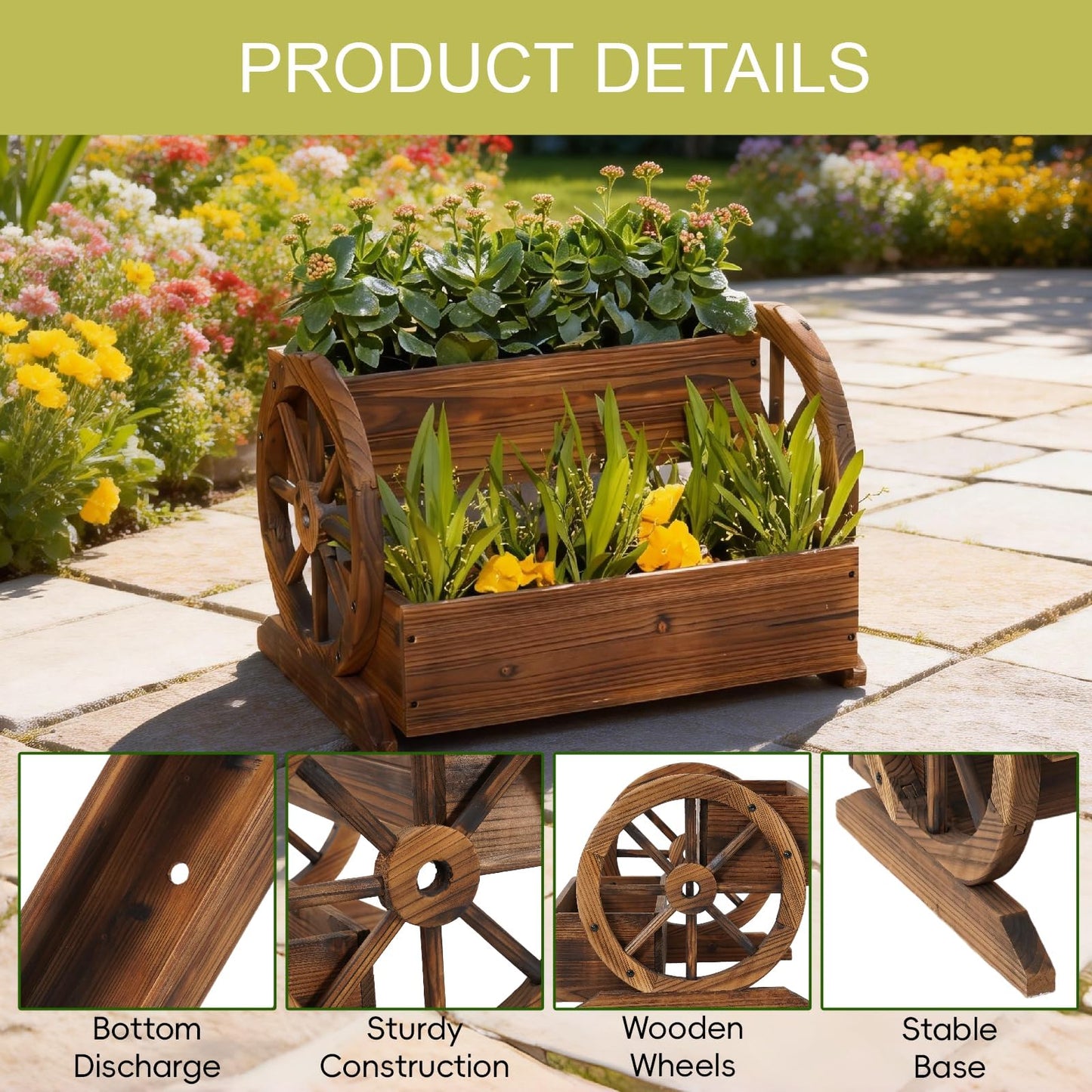 PUPATIOB Wooden Planter Box, 2-Tier Wagon Wheel Garden Planter with Wheels, Rustic Farmhouse Flower Cart Outdoor Decorative Vertical Raised Bed for Patio, Porch, Herbs & Succulents, Carbonized, Large