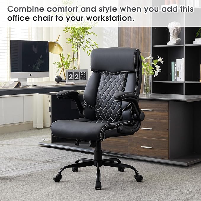 High Back Office Chair with Flip-up Armrests, Leather Comfy Desk Chair with