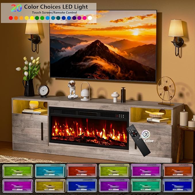 PRETZI Fireplace TV Stand with 36" Fireplace Up to 80" TVs, Remote Control