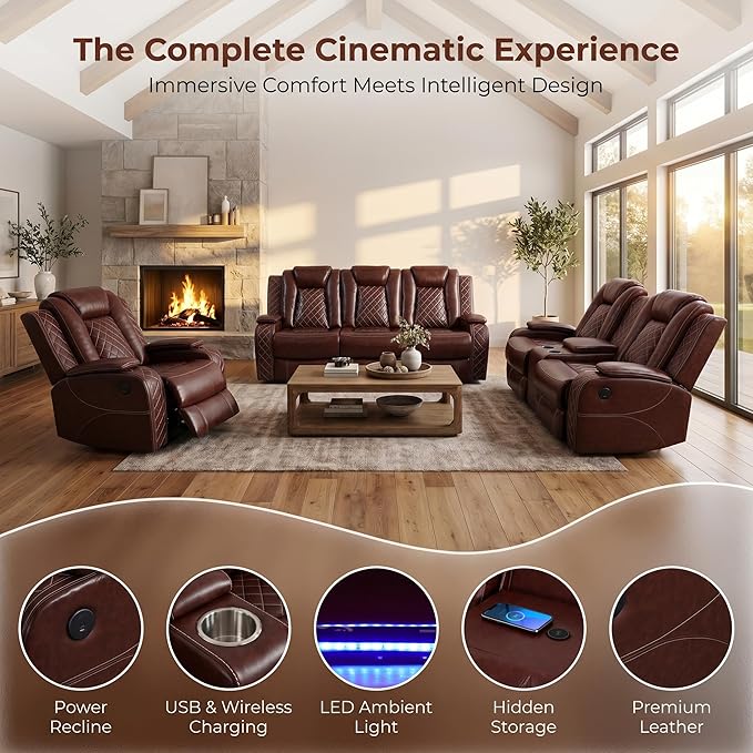 3-Piece Leather Power Recliner Sofa Set