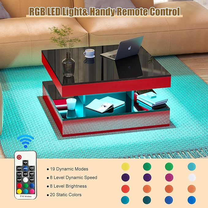 HedoAjim Red LED Coffee Table for Living Room, Living Room Table 2-Tier Square