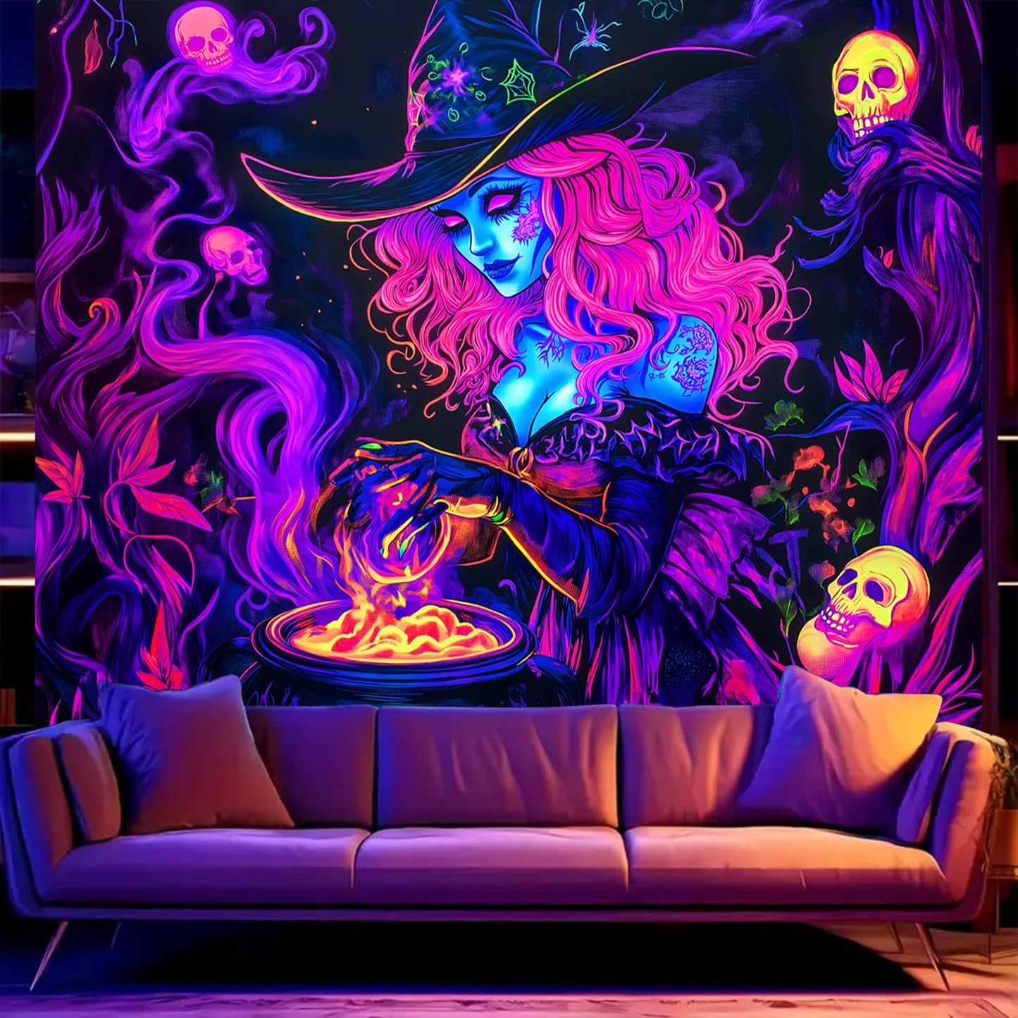 BSFHH Black Light Tapestry – UV Reactive Glow in the Dark Wall Hanging, Spooky Night Scene with Ghosts & Pumpkins, Haunting Home Decor for Parties, Bedroom, or Dorm (Witches, 79L x 59W, Unframed)