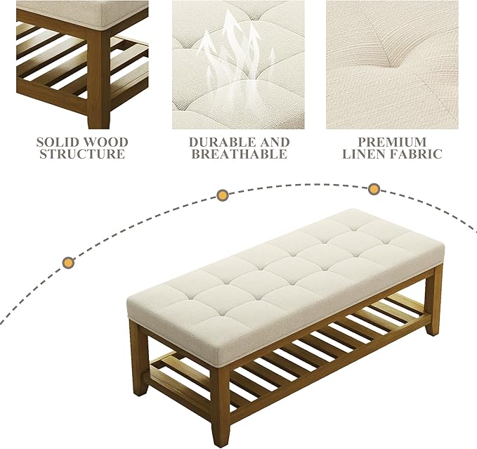 Befurtori Large Rectangular Upholstered Ottoman Bench, Linen Tufted Footrest
