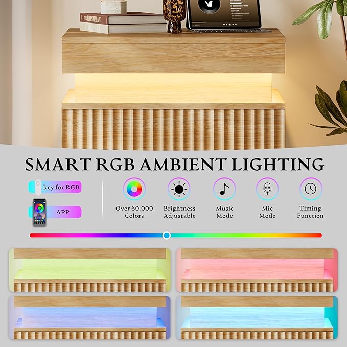 Xixini Nightstand with Charging Station and LED Lights, Fluted Night Stand with