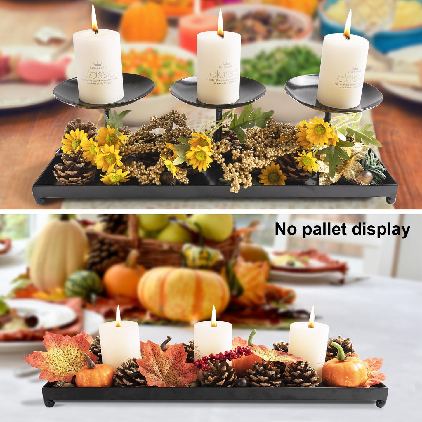 flangairy 3 Pillar Black Metal Candle Holders for Table Centerpiece, Fall Thanksgiving & Halloween Dining Table, Fireplace Mantel Decor, Tray Candlestick for Living Room Rustic Decorations