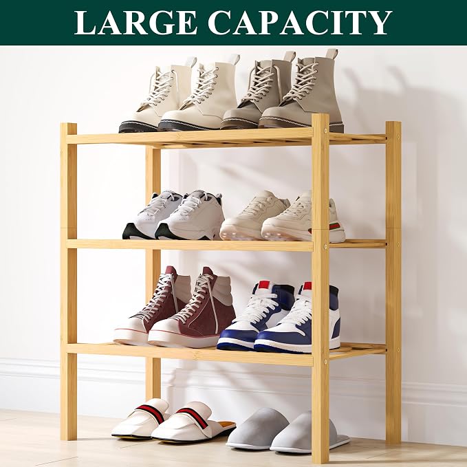 Smiry Small Bamboo Shoe Rack, 3 Tier Free Standing Wooden Shoe Organizer, Stackable Wood Shoe Storage Shelf for Closet, Entryway, 12 Vertical Slats, 2+1 Stack Standard Legs, 17.3"x11"x19.5", Natural
