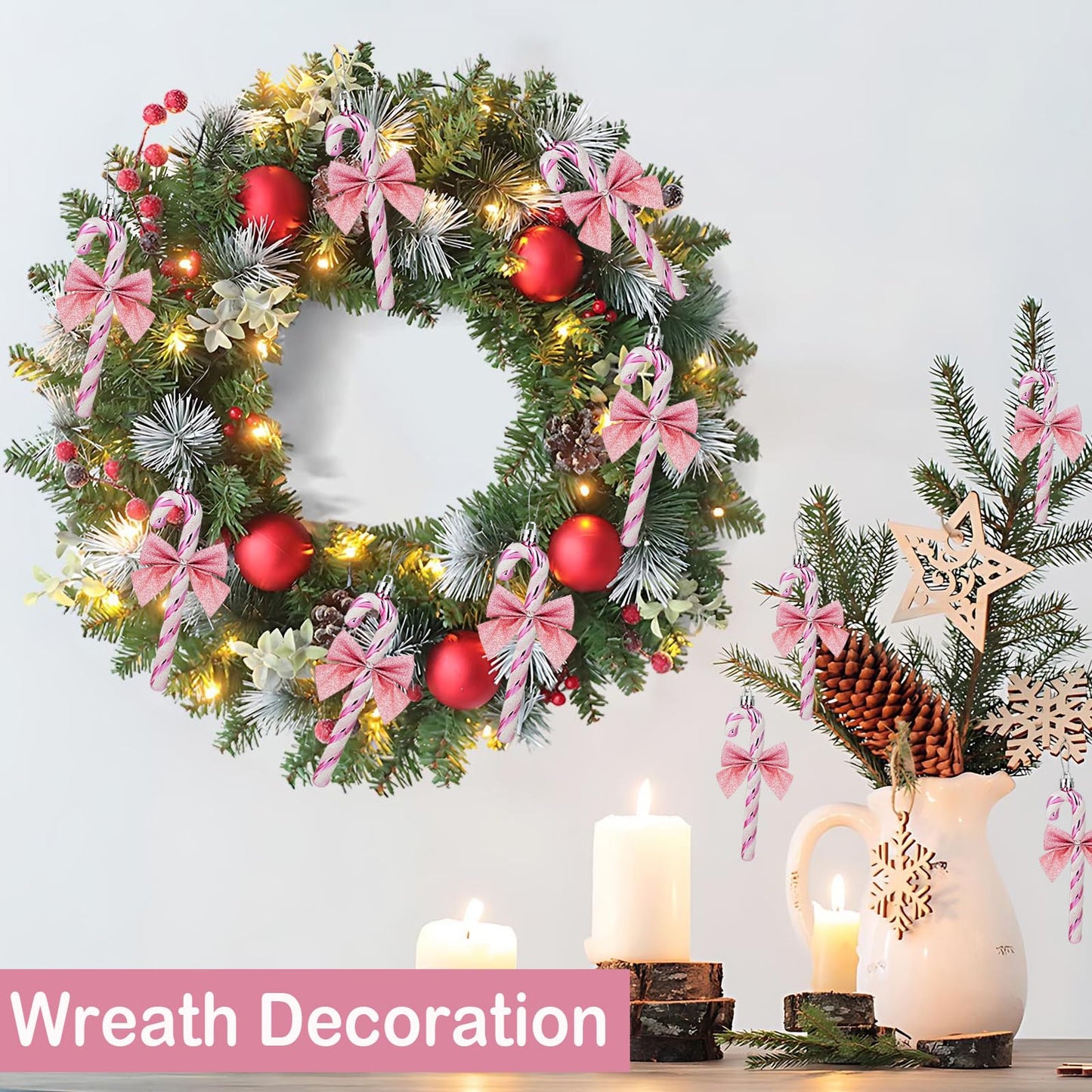 FYFLED Candy Cane Christmas Tree Decorations - 12 Pcs Candy Cane Ornaments for Tree, Glitter Candy Cane Bows for Xmas Tree Hanging Ornament Festival Party Home Decor, Pink