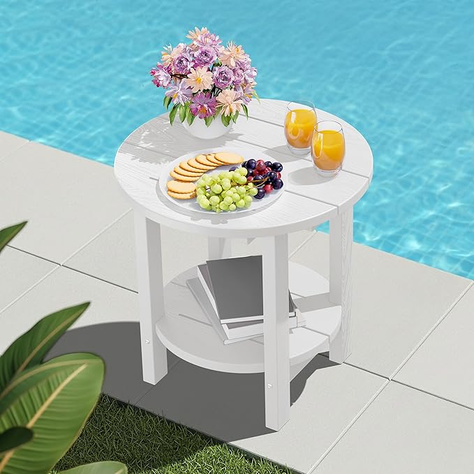SERWALL Round Outdoor Side Table, HDPE Small Adirondack End Table, 2-Tier Patio
