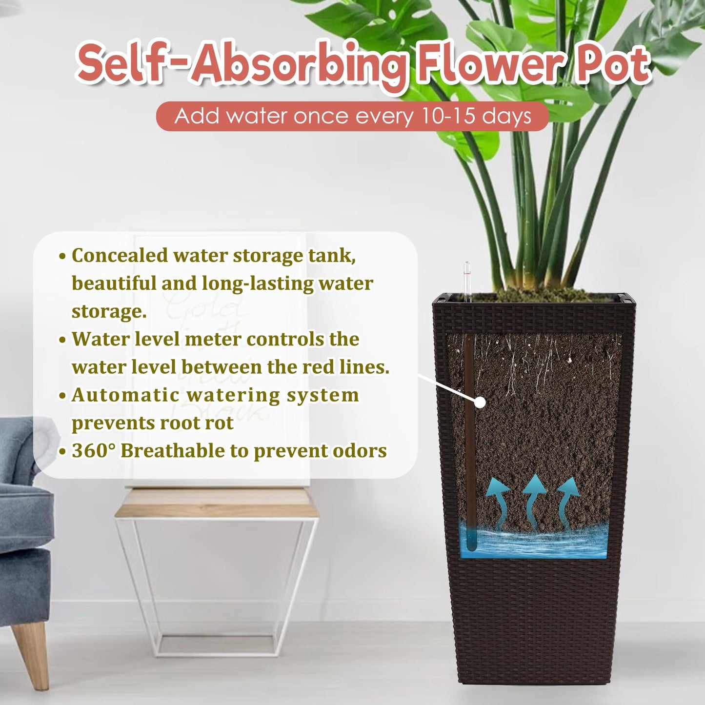 30" Tall Large Planter with Self-Watering System, Indoor Outdoor Flower Pot with Drainage Holes, Inner Tray and Water Level Indicator, Spacious Plant Pot for Garden Patio Porch Backyard, Brown