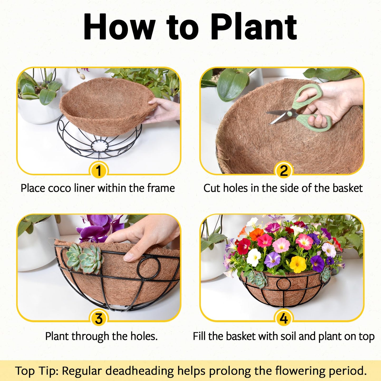 ZeeDix 2 Pack Round Hanging Baskets for Plants Outdoor, 12 Inch Metal Wire Planter Basket with Coco Liner, Hanging Flower Pots for Garden Yard Patio Porch Balcony Decor