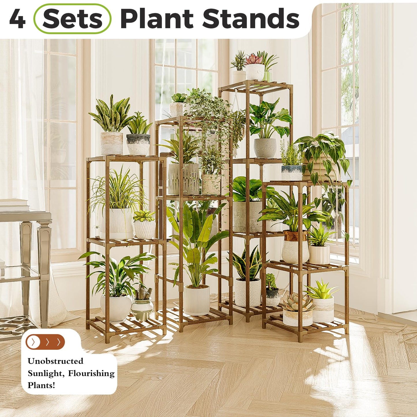 Bamworld Tall Plant Stands Indoor 4 Sets Plant Shelves Outdoor Wooden Plant Holder for Multiple Plants Flower Stands for Living Room Balcony Garden Patio Lawn Window