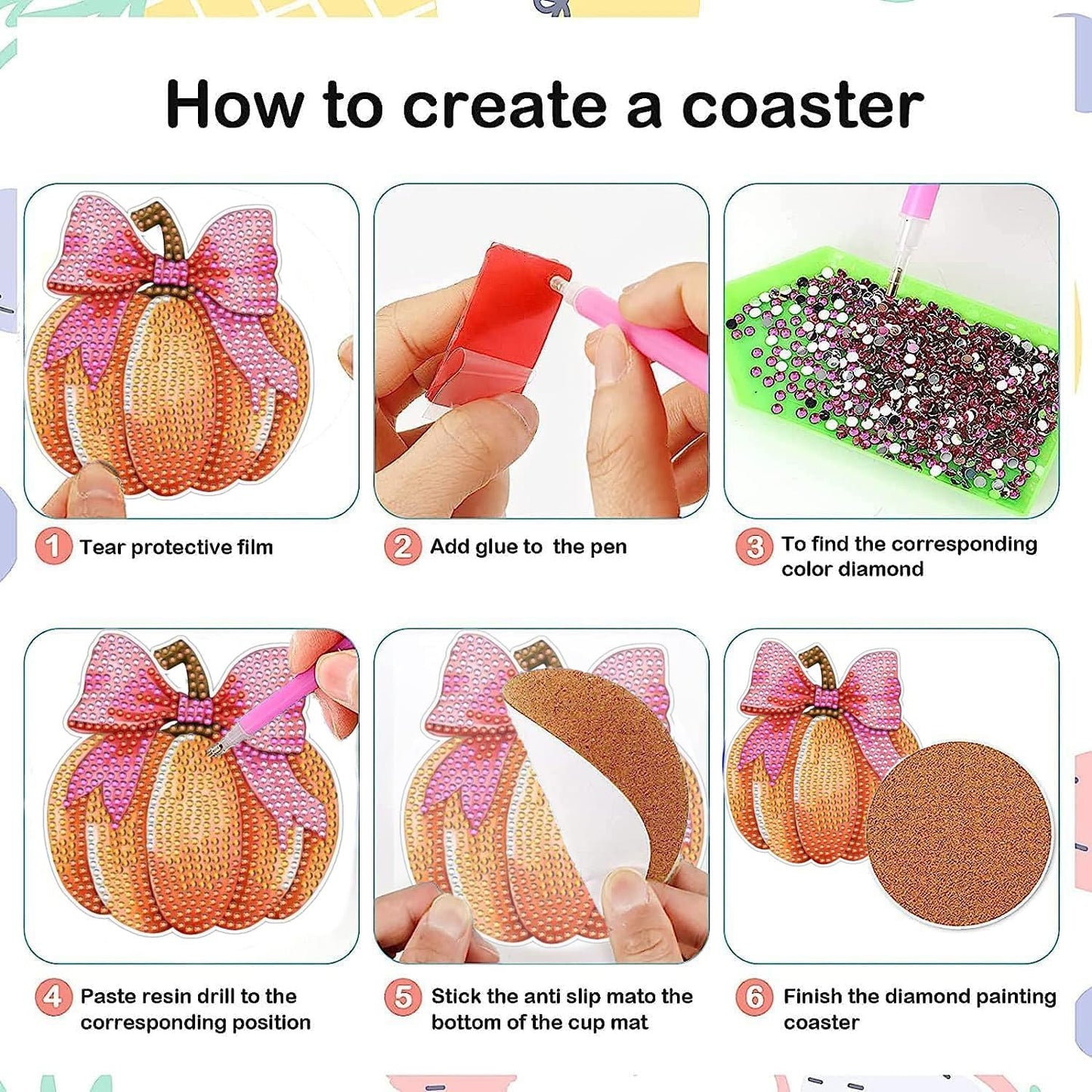 8 Pcs DIY Thanksgiving Pumpkin Diamond Art Coasters for Adult Beginners