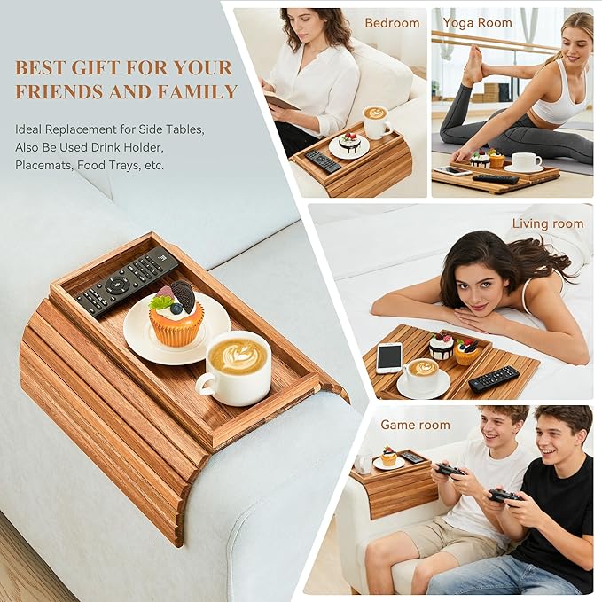 GEHE Acacia Wood Sofa Arm Tray, Foldable Couch Arm Tray Side Table,