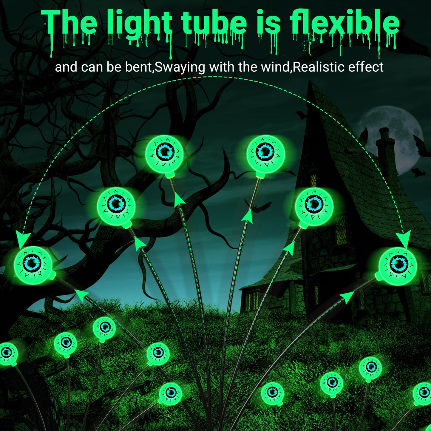 hyrion Halloween Decorations Outdoor Solar Eyeball Lights, 4 Packs 24LED Scary Eyeball Swaying Firefly Lights, 8 Mode Waterproof Green Halloween for Outside Path Yard Garden Lawn