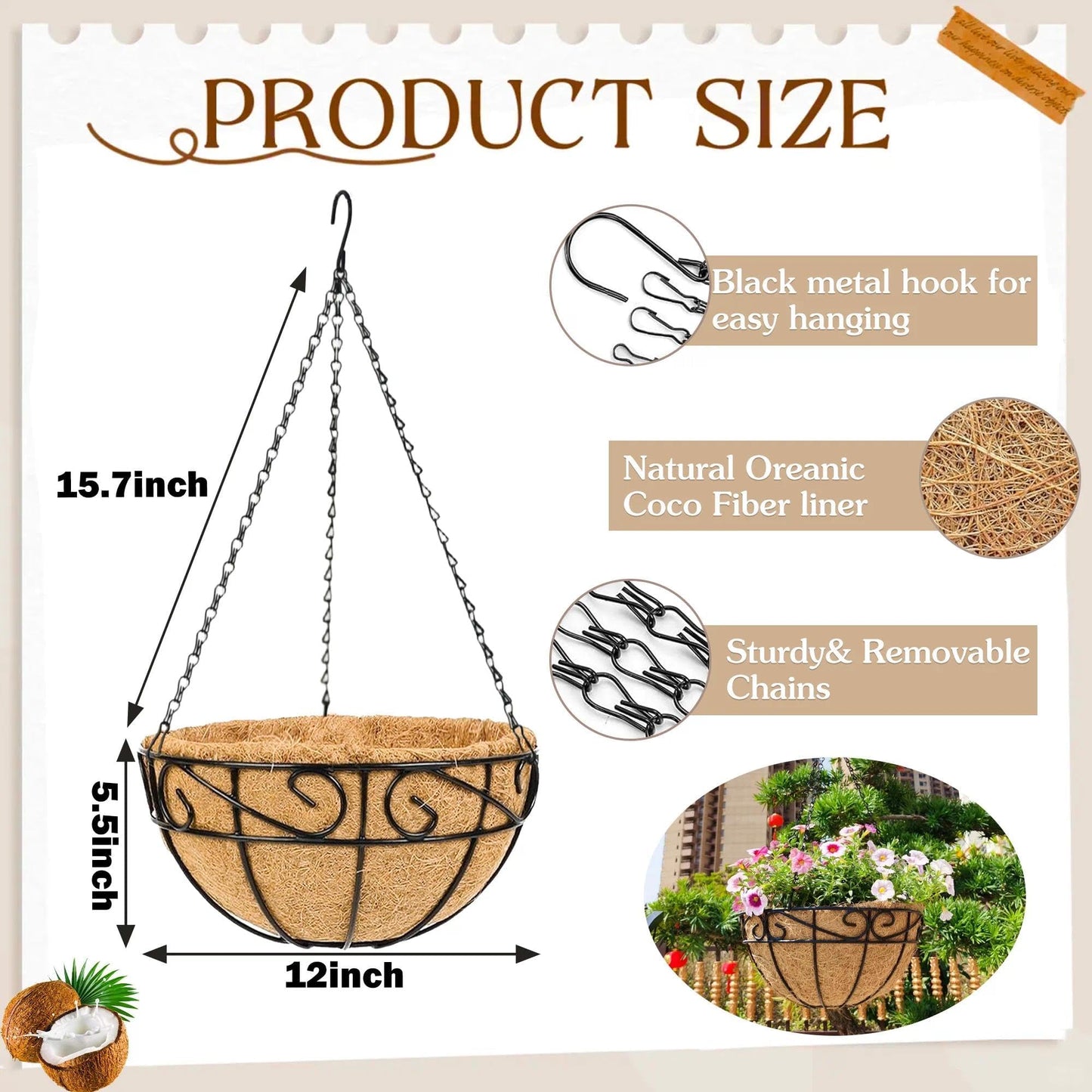 KIDYBELL Metal Hanging Planters Basket Set of 2 Outdoor with Coco Fiber Liners Chain Hanging Basket Suitable for Vegetables Flower Heavy Duty Round Plant Holder Garden Balcony Patio Deck Porch Decor
