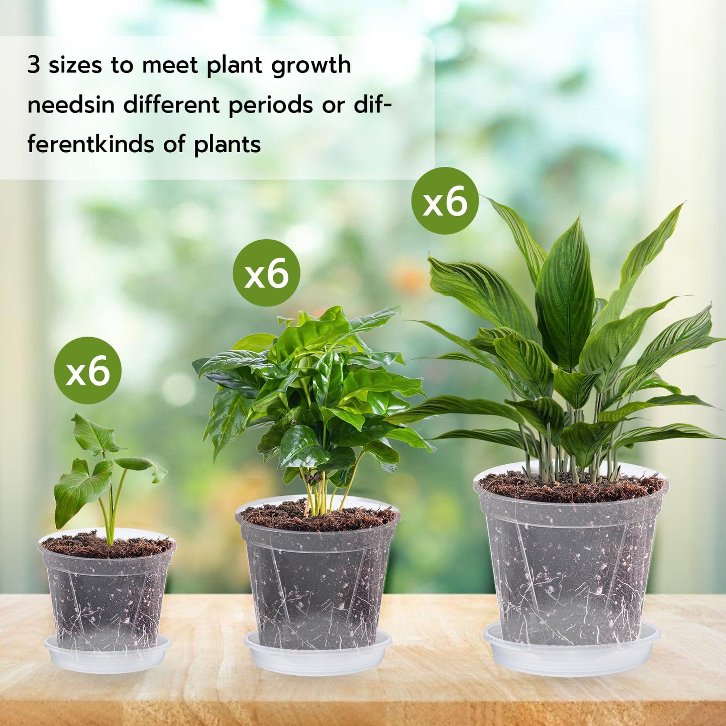 Co.Life 18 Pack Clear Plant Pots with Drainage, 5/6/7 Inch Thick Clear Plastic Pots for Plants, Indoor Outdoor Planter Set with Saucers & Plant Labels for Monstera, Succulents, Herbs