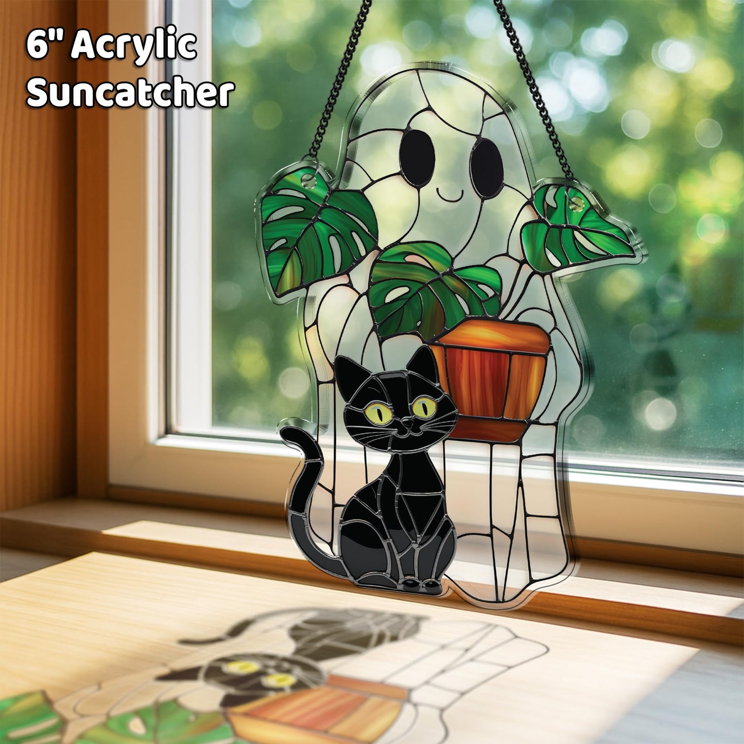 2 Cute Halloween Decoration Suncatchers, 6" Spooky Cute Ghost Plant Window Hangings, Ghost with Black Cat Greenhouse, Pumpkin Ornaments Home Garden, Gifts for Mom, Plant Lovers, Women, Girl SS358