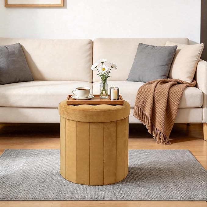 CAROLMADE Round Storage Ottoman, Velvet Folding Footrest Stool