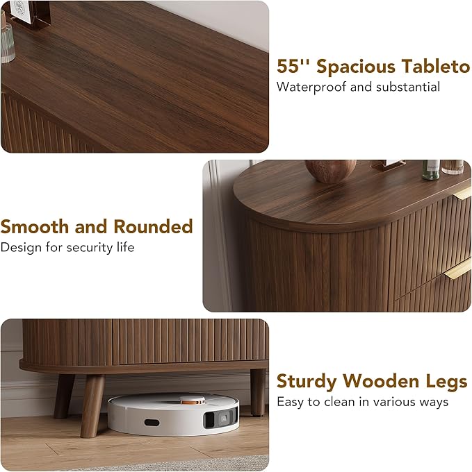 Decofy Fluted 6 Drawers Dresser, Curved Profile & Sturdy Legs, Wood TV Stand