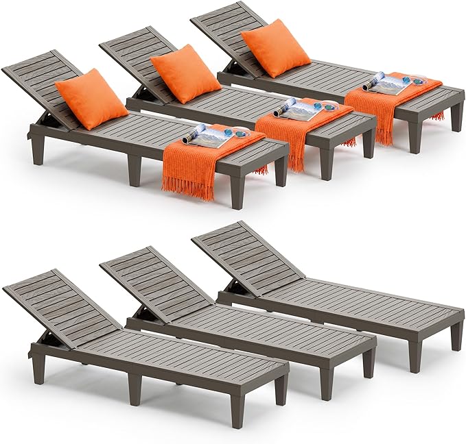 Outdoor Lounge Chair Set of 6, 5-Positions Adjustable Patio Chaise Lounges