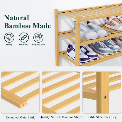 Smiry Bamboo Shoe Rack, 3 Tier Free Standing Wooden Shoe Organizer, Stackable Wood Shoe Storage Shelf for Closet, Entryway, 14 Vertical Slats, 2+1 Stack Heavy-Duty Legs, 26.8"x11"x19.5", Natural