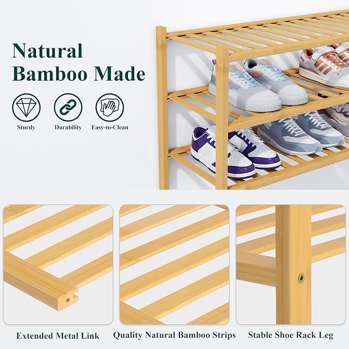 Smiry Bamboo Shoe Rack, 4 Tier Free Standing Wooden Shoe Organizer, Stackable Wood Shoe Storage Shelf for Closet, Entryway, 14 Vertical Slats, 2+2 Stack Heavy-Duty Legs, 26.8"x11"x26", Natural