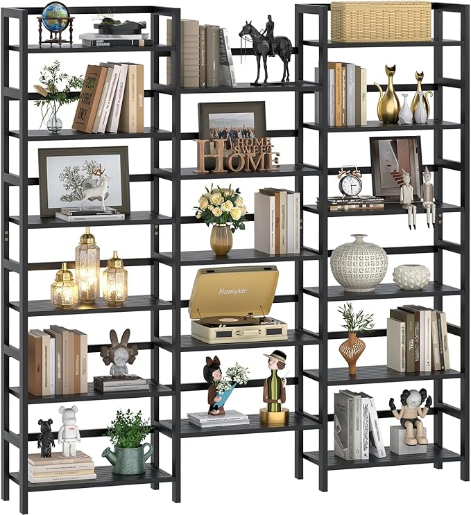 Homykic Bamboo Bookshelf, 71” Tall Triple Wide Bookcase