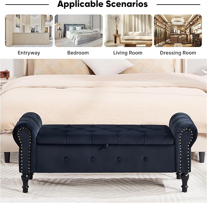 Storage Bench for Bedroom, Velvet 51" End of Bed Bench, Queen Size Bench