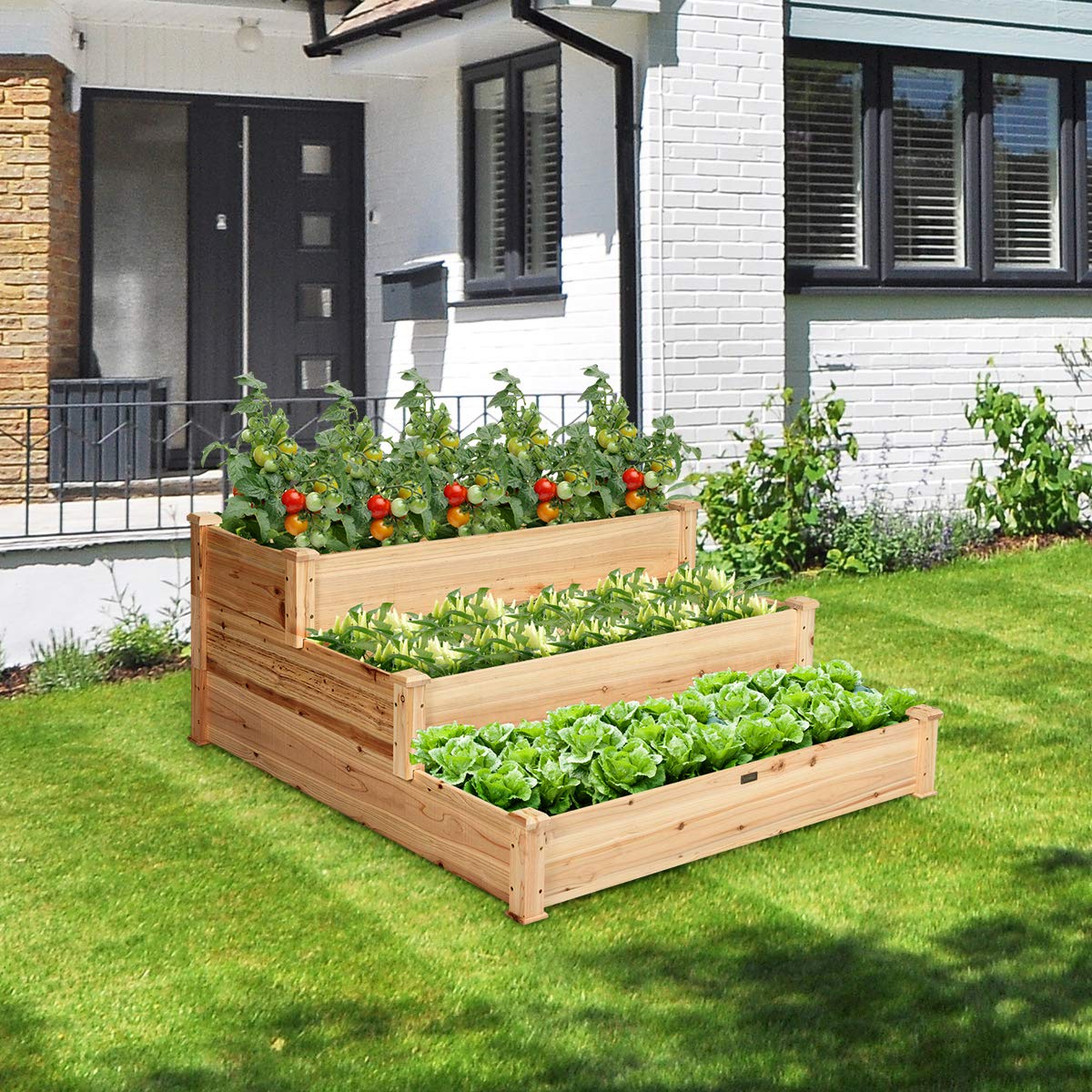 Giantex 3 Tier Raised Garden Bed, Outdoor Planter Box Vegetable Flowers Growing Box, Elevated Raised Bed Kit, Wood Planting Container, 49’’x49’’x22 (LxWxH)