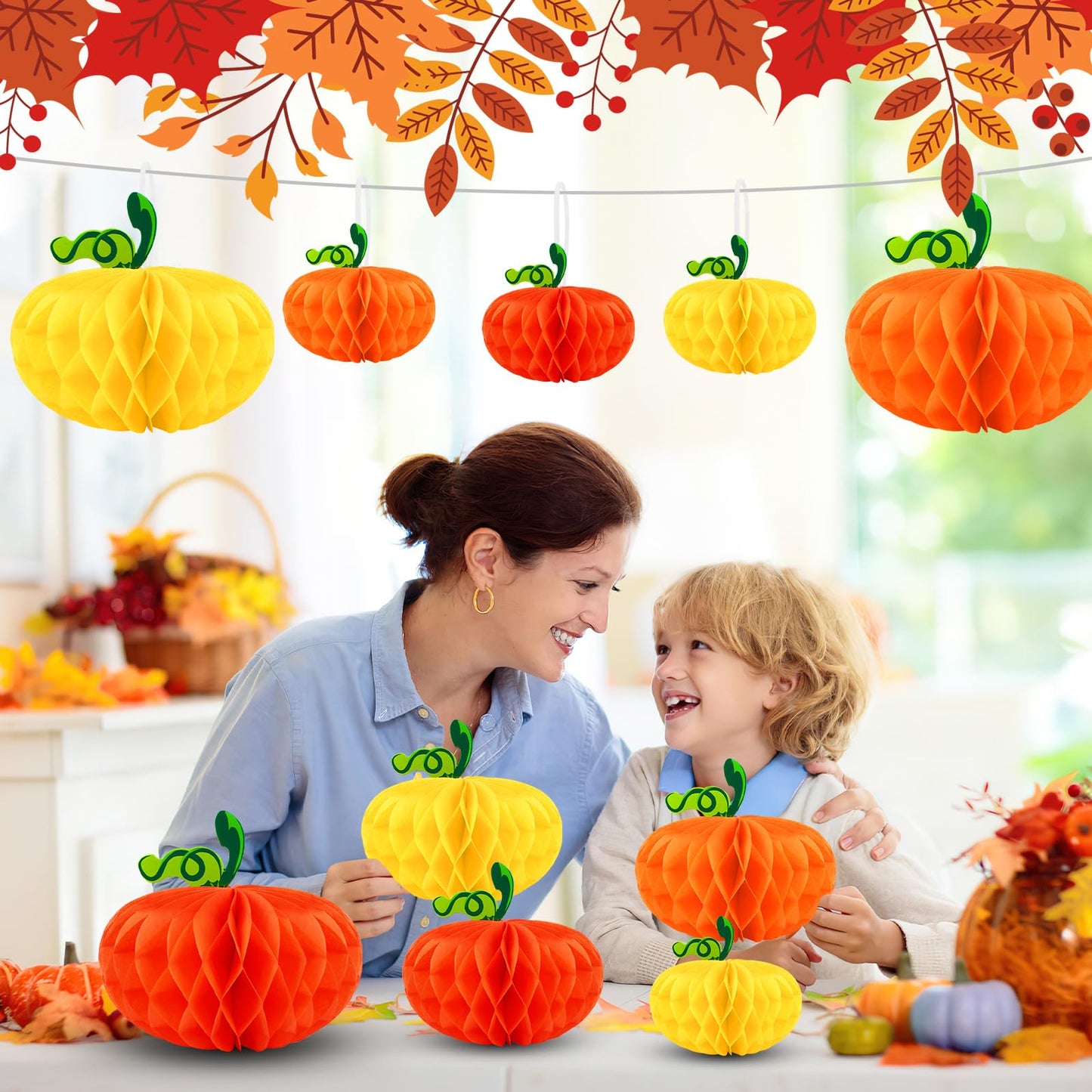 BOARDFEB 15PCS Pumpkin Honeycomb Decorations, Orange Red Yellow Honeycomb Fall Hanging Ornaments for Autumn Thanksgiving Party Favor Supplies