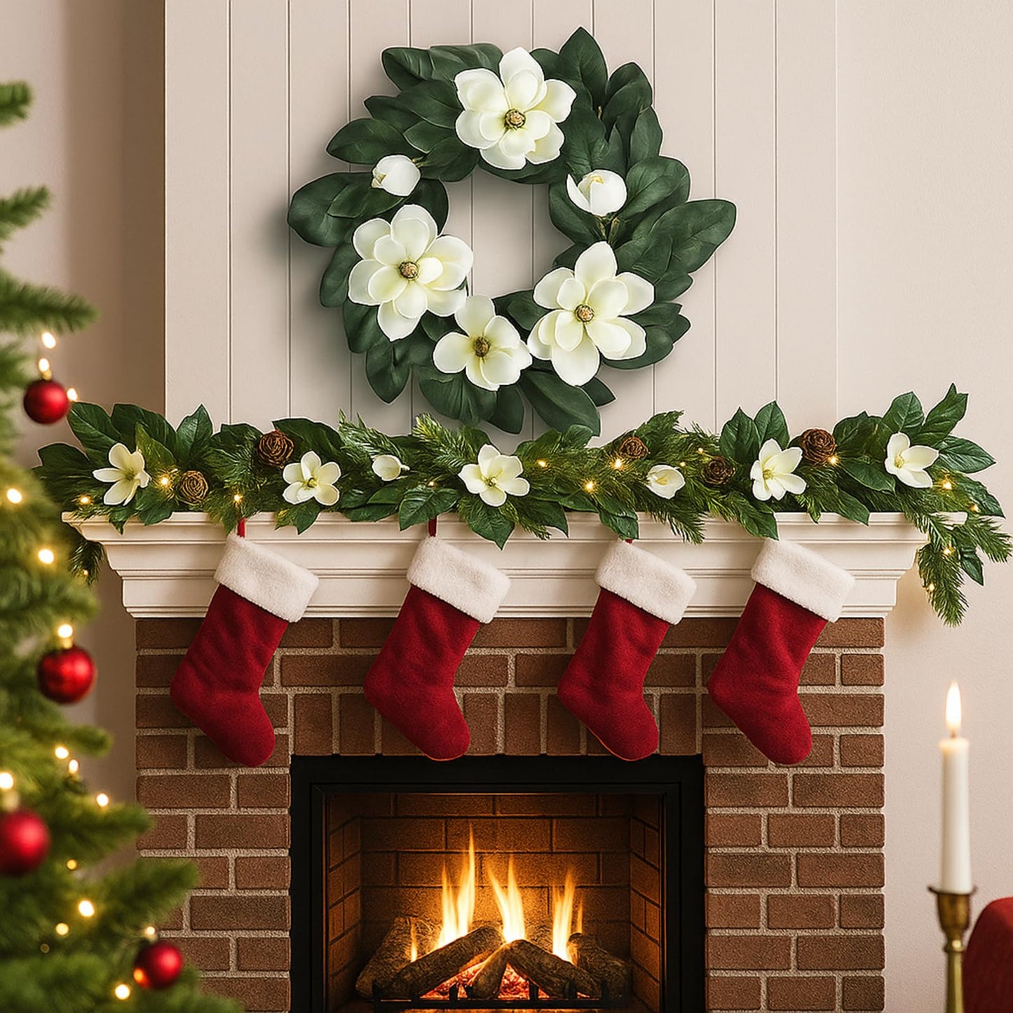 24 Inches Christmas Magnolia Wreath Artificial White Magnolia Christmas Decoration Farmhouse Greenery Wreath for Front Door Wall Home Window Holiday Outdoor Xmas Decor Entryway Patio Porch Garden