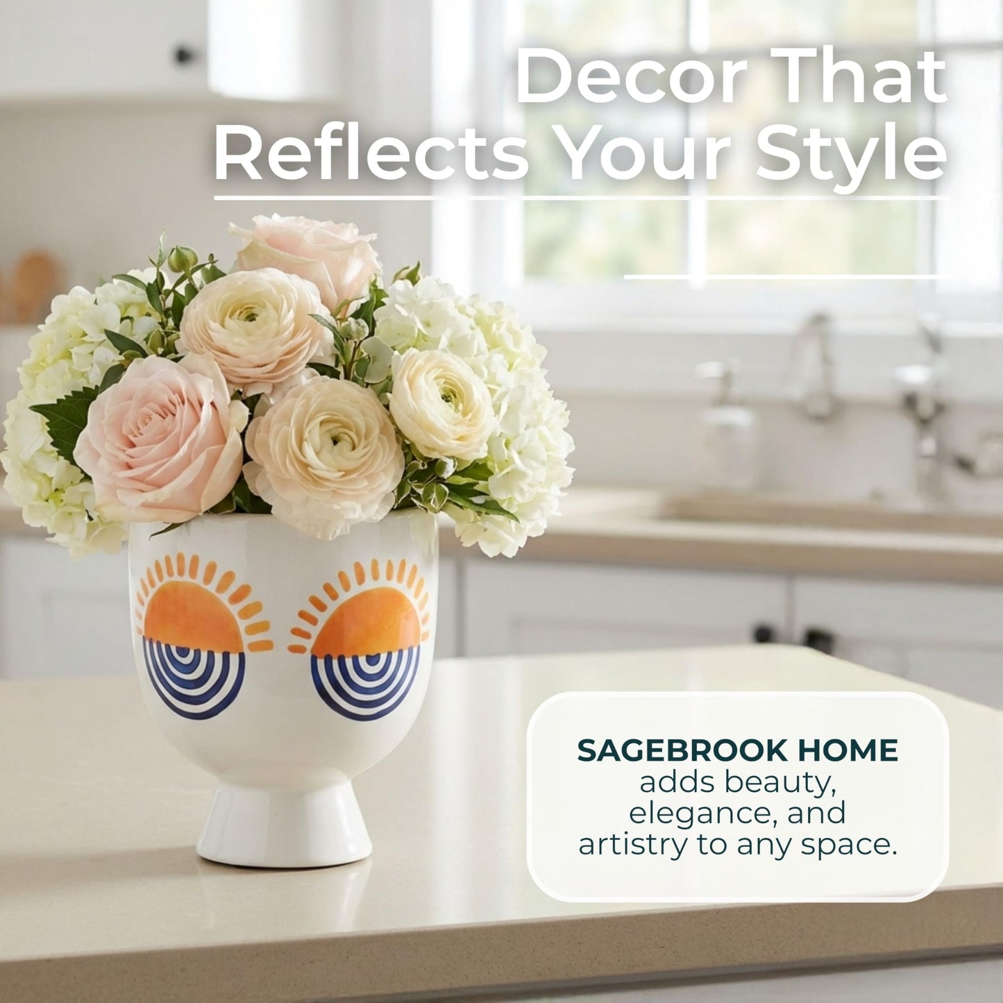 Sagebrook Home Boho Ceramic Planter with Pedestal Base - Hand-Painted Stoneware Plant Pot for Home & Garden - Modern Decorative Design - 7" White