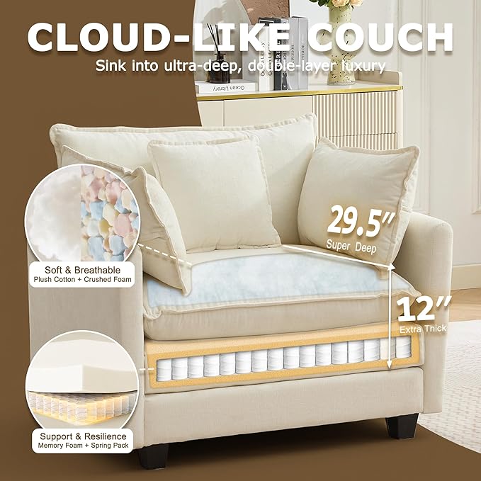 Modular Sectional Sofa Cloud Couch, Deep Seat Washable Chenille Fabric Sofa