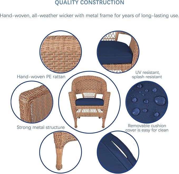 Jeco Wicker Chair with Blue Cushion, Honey/W00205-