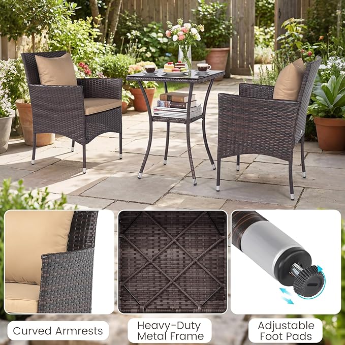 Tangkula 3 Pieces Patio Wicker Bistro Set, 2 Rattan Chairs w/ 2-Tier Tempered
