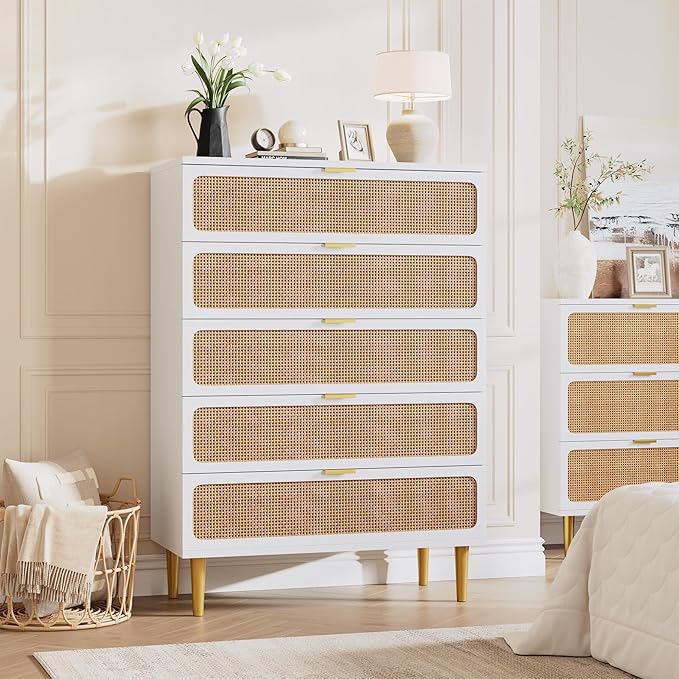 GarveeHome Rattan 5 Drawer Dressers