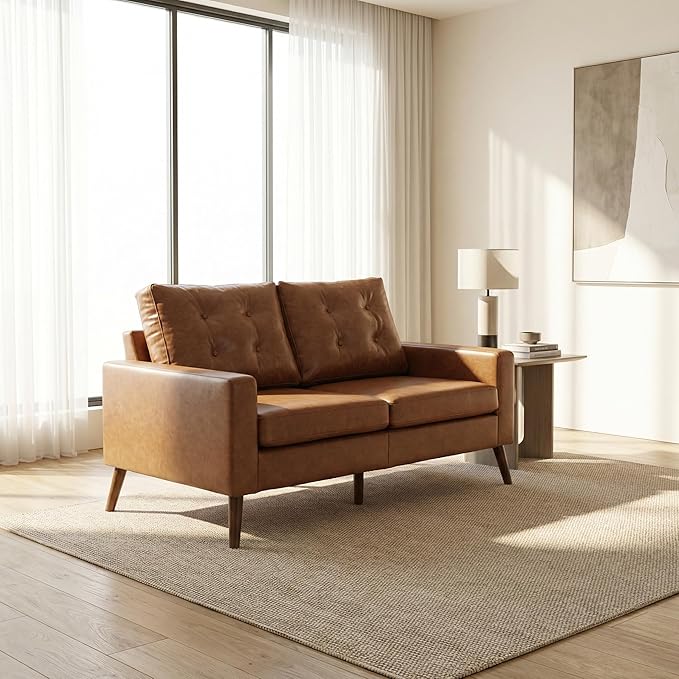 HNY Mid Century Modern 53" Loveseat Sofa, Comfy Upholstered Button Tufted Faux