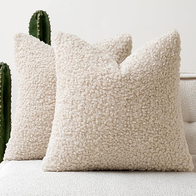 Faux Fur Throw Pillow Covers 18x18 Inch Set of 2 Boucle Neutral Decorative