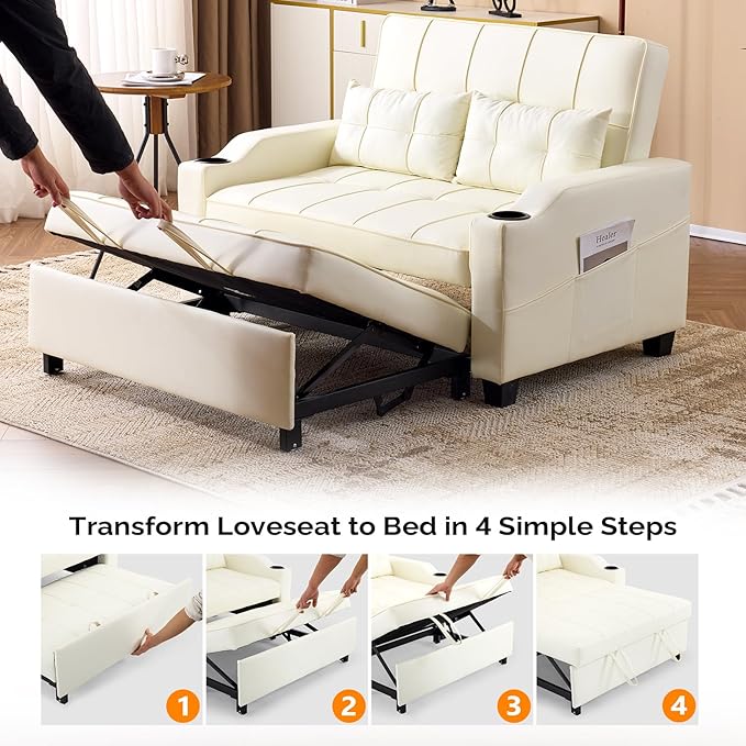 VINGLI Beige Futon Sofa Bed Convertible Loveseat Sleeper Couch, Faux Leather